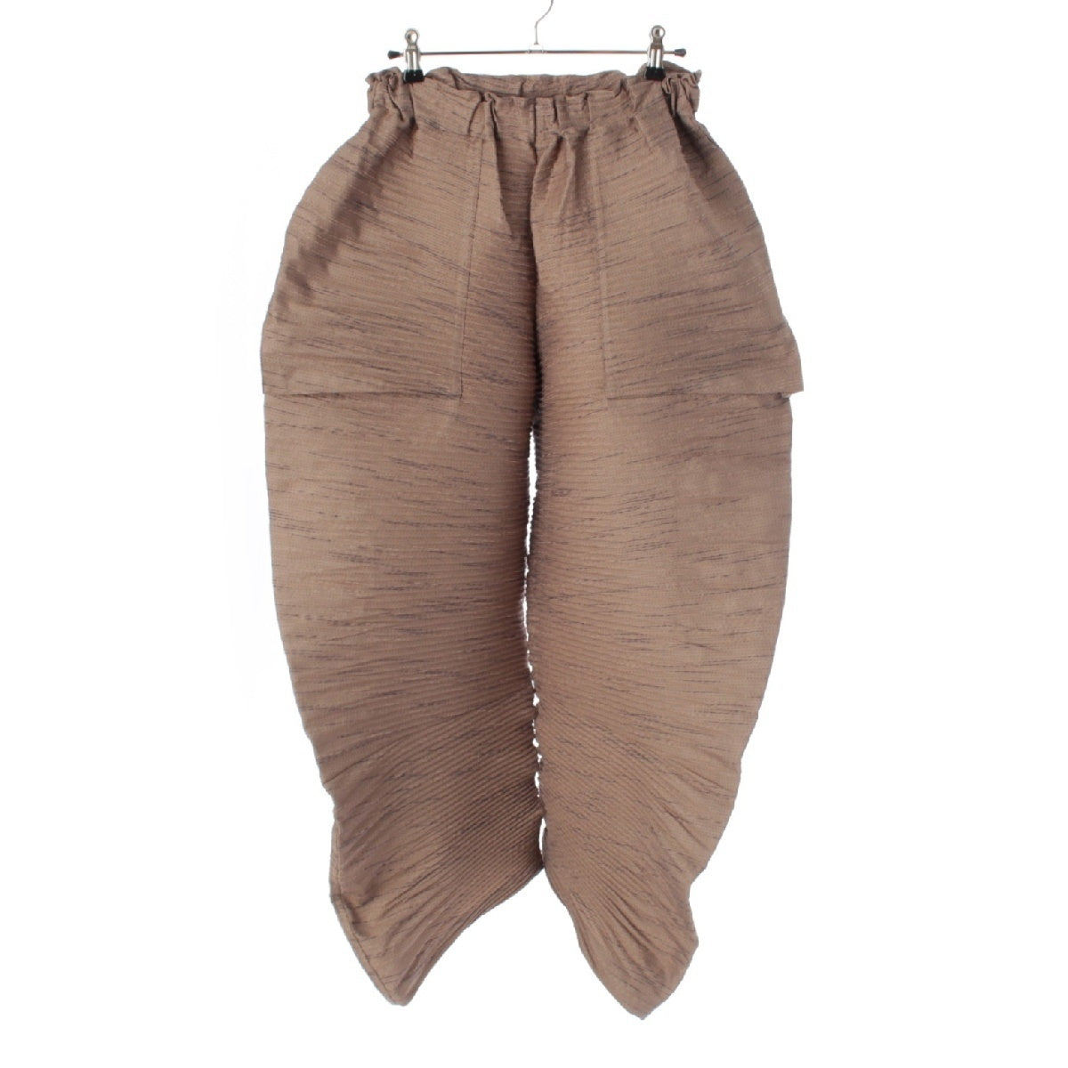 ISSEY MIYAKE Cotton napped fabric Horizontal pleated border variegated weave wide Pants Gaucho Bottoms IM21FF679 Beige navy 2