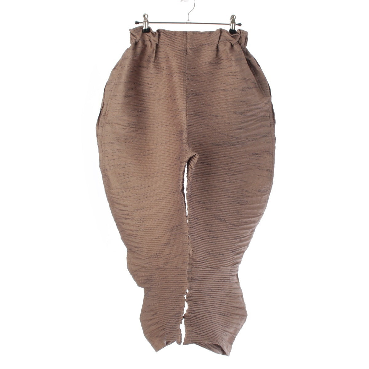 ISSEY MIYAKE Cotton napped fabric Horizontal pleated border variegated weave wide Pants Gaucho Bottoms IM21FF679 Beige navy 2