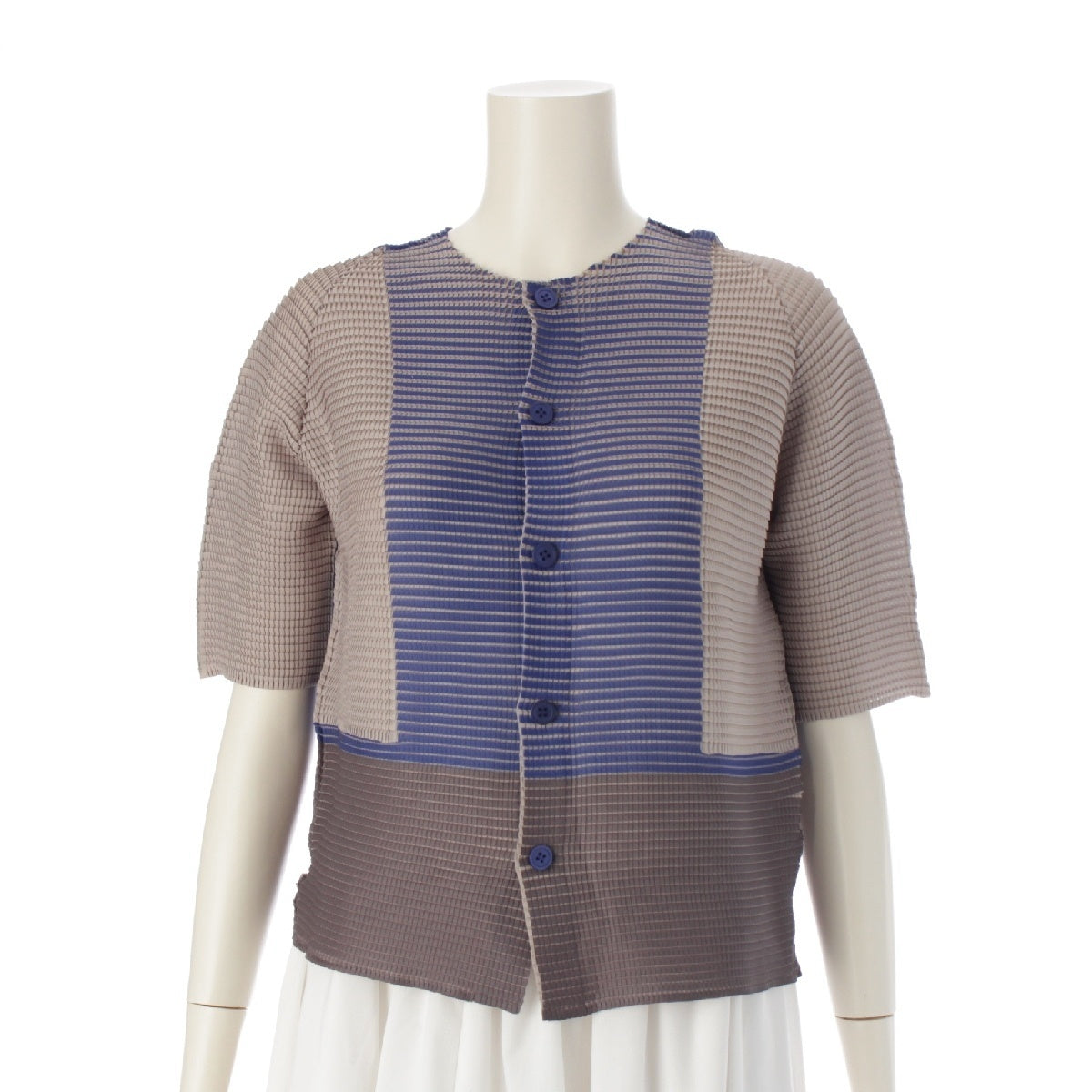 ISSEY MIYAKE 22Stainless Steel Square Pleated Short Sleeve Crew Neck cardigan Shirts Blouses Tops IM21 FJ688 Beige Blue Khaki 2