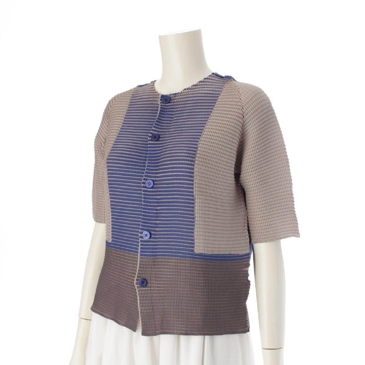 ISSEY MIYAKE 22Stainless Steel Square Pleated Short Sleeve Crew Neck cardigan Shirts Blouses Tops IM21 FJ688 Beige Blue Khaki 2