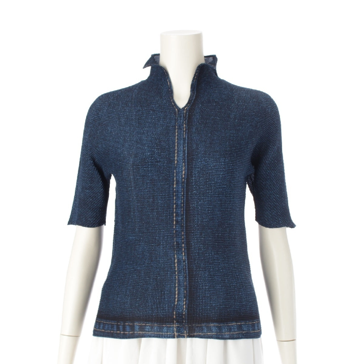PLEATS PLEASE ISSEY  polyester Vintage denim transfer skipper short sleeve high neck Cut Shirt tops PP16-FJ221 Indigo blue 3