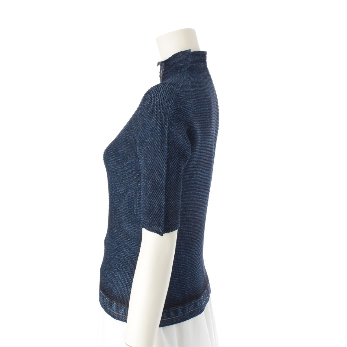PLEATS PLEASE ISSEY  polyester Vintage denim transfer skipper short sleeve high neck Cut Shirt tops PP16-FJ221 Indigo blue 3