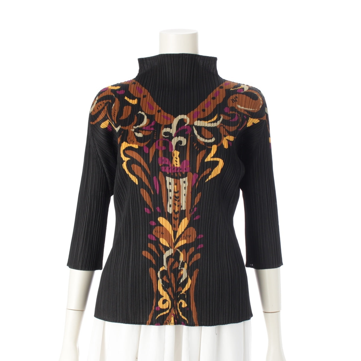 PLEATS PLEASE ISSEY  3/4 Sleeves Bottle Neck tops Cut PP93-JK892 Black x multicolor 3