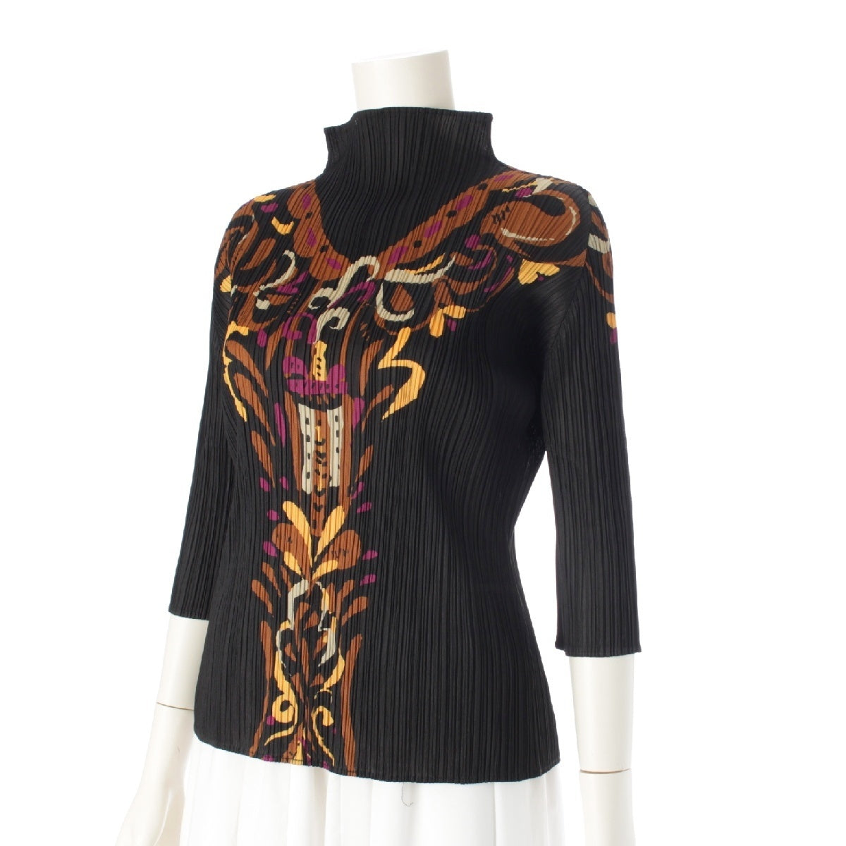 PLEATS PLEASE ISSEY  3/4 Sleeves Bottle Neck tops Cut PP93-JK892 Black x multicolor 3