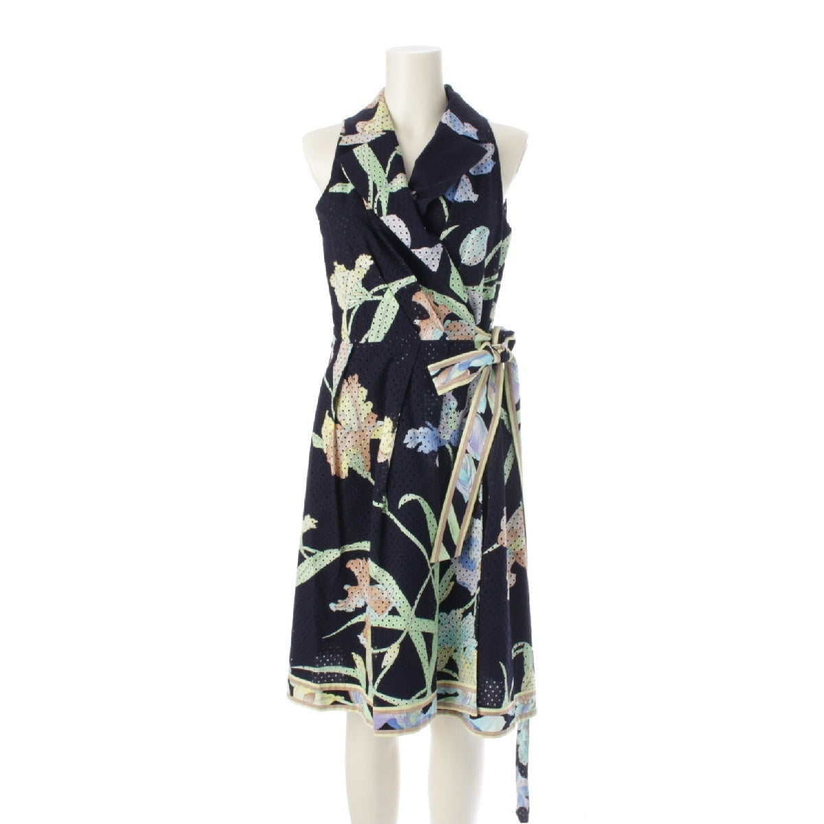 LEONARD cotton Floral print with belt and mesh one piece dress 0390822 Navy 38