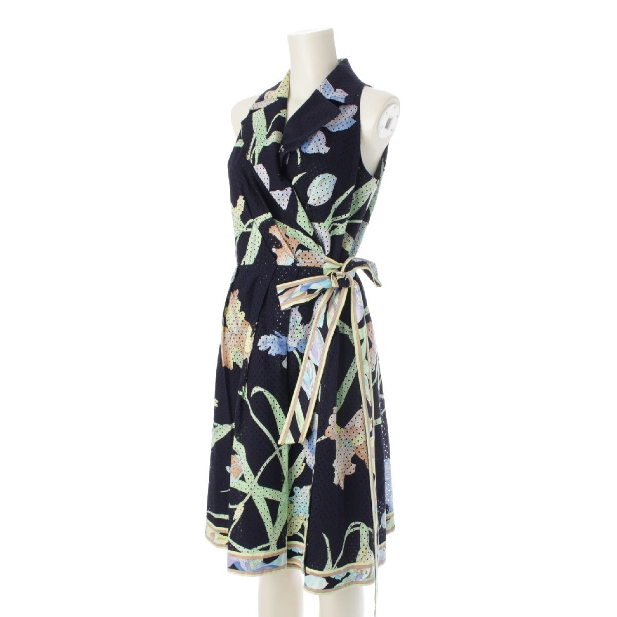 LEONARD cotton Floral print with belt and mesh one piece dress 0390822 Navy 38