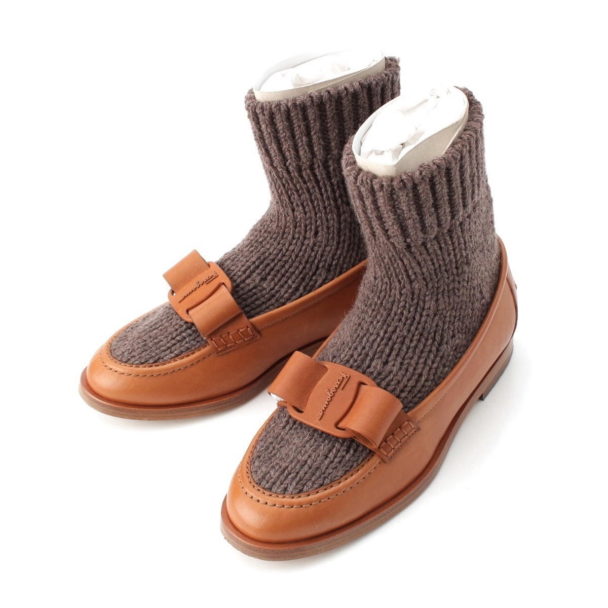 Salvatore Ferragamo VIVALDO KNIT leather Knit switching loafers shoes 0756776 Brown 7