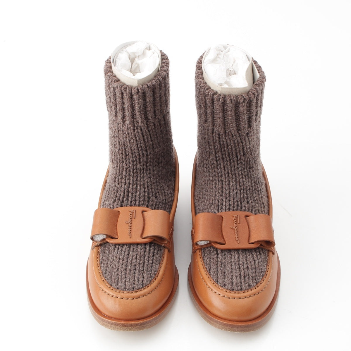 Salvatore Ferragamo VIVALDO KNIT leather Knit switching loafers shoes 0756776 Brown 7