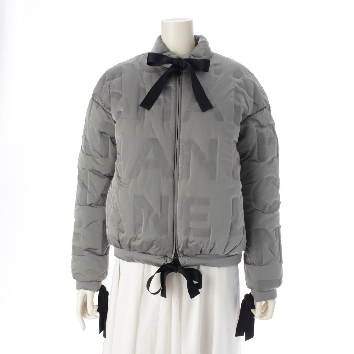 CHANEL Nylon Black Ribbon Logo Down jacket Blouson outerwear Light gray 36