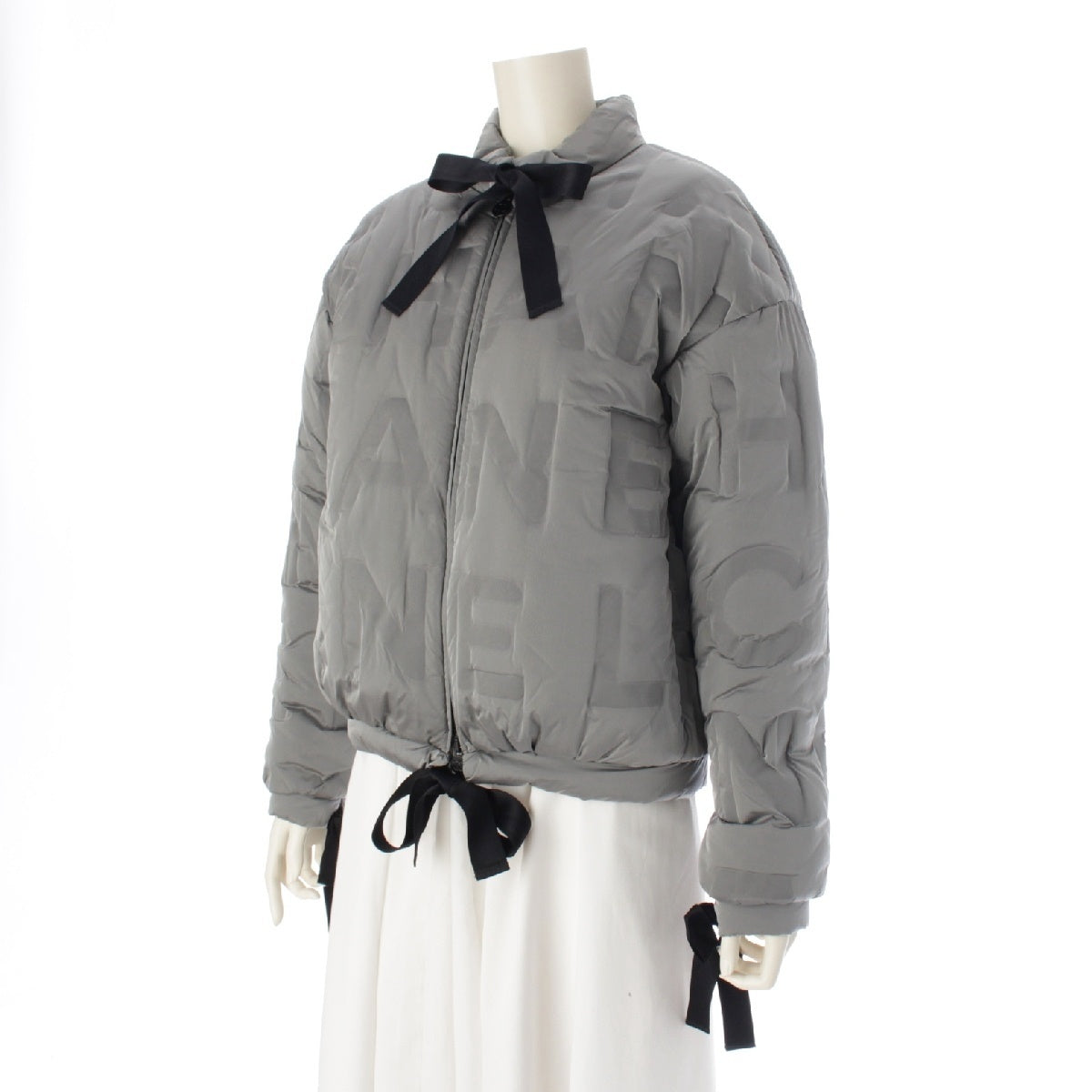 CHANEL Nylon Black Ribbon Logo Down jacket Blouson outerwear Light gray 36