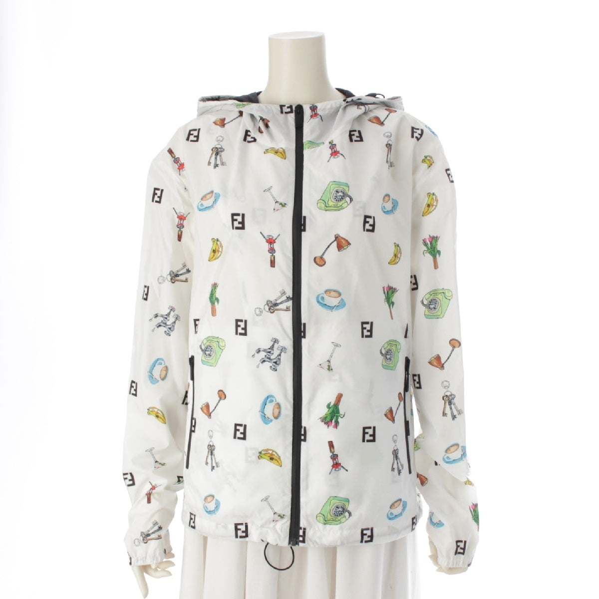 FENDI Logo All-over Print Zip-up Hood Jacket Windbreaker Blouson Tops white 48