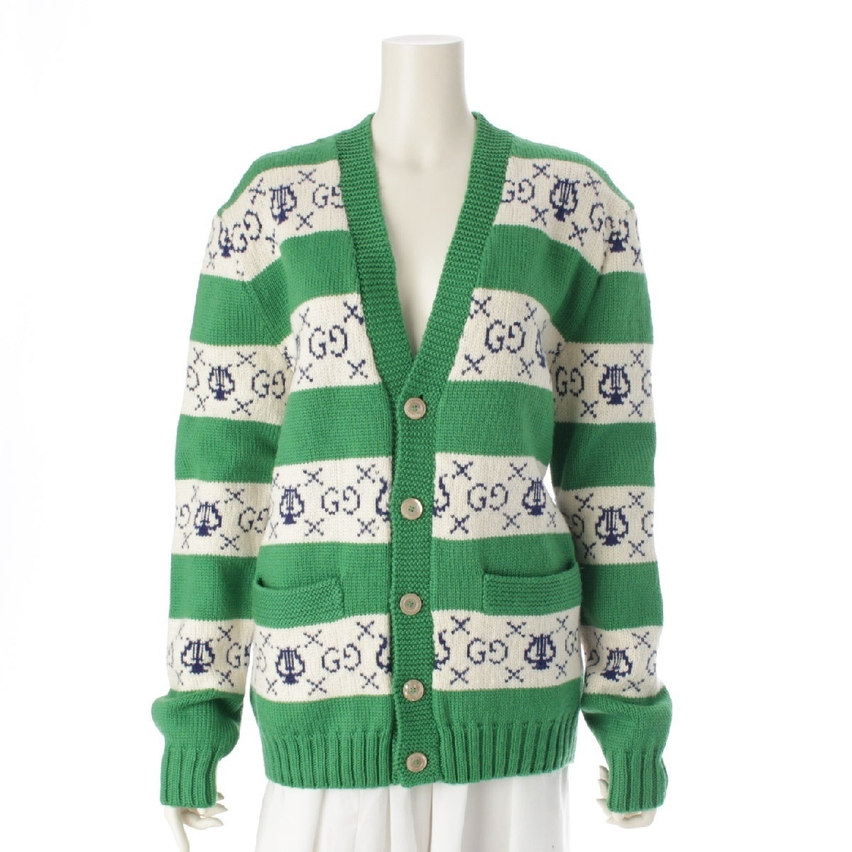 GUCCI 19AW wool GG Lilac stripe jacquard knit cardigan tops 577119 green XS