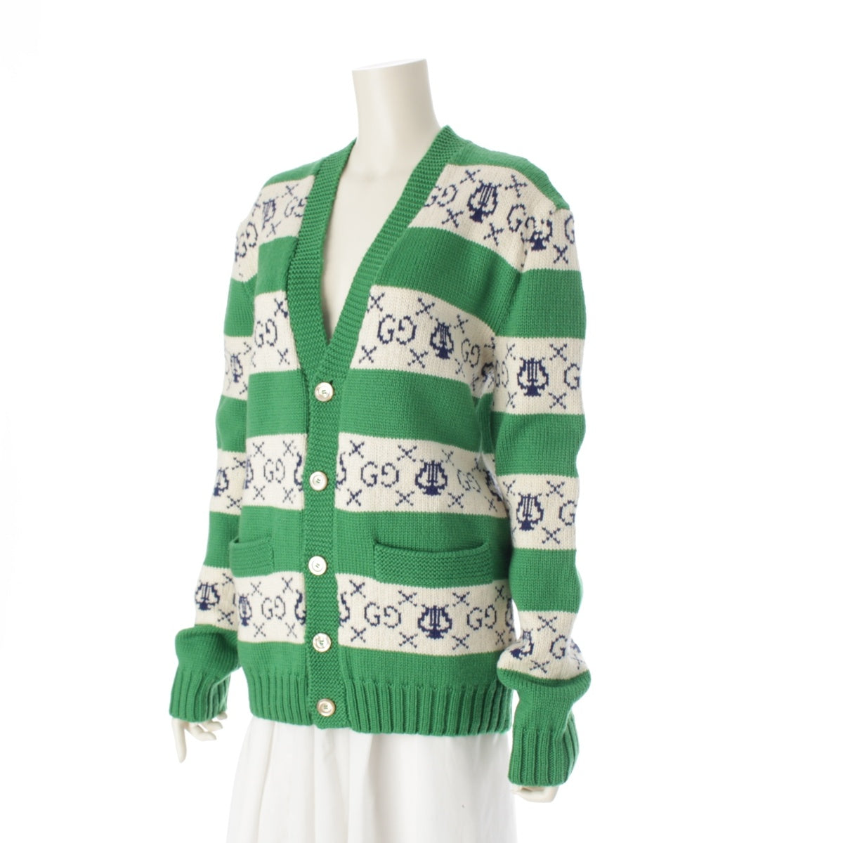 GUCCI 19AW wool GG Lilac stripe jacquard knit cardigan tops 577119 green XS