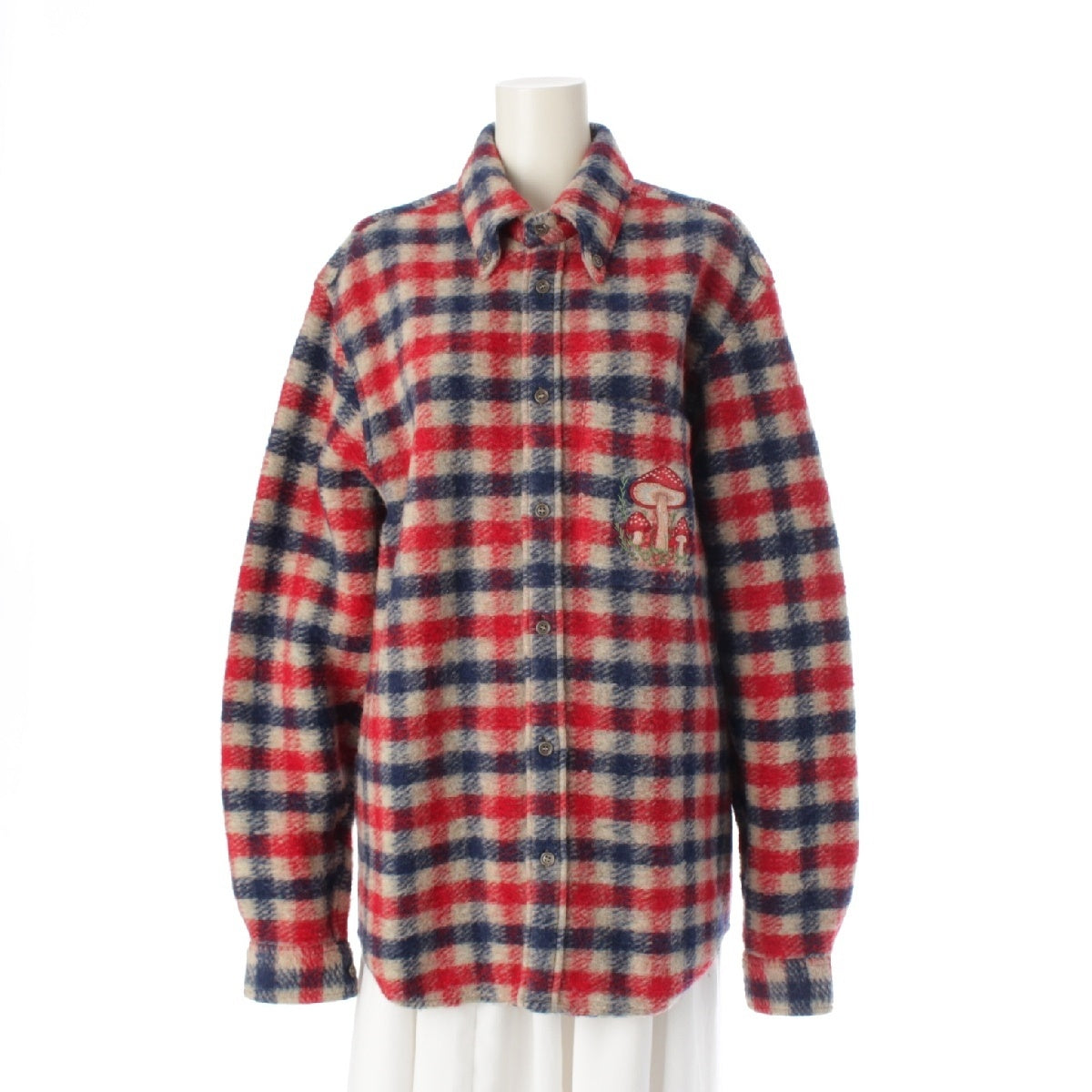 GUCCI wool Mushroom Embroidery Check Pattern Long sleeve shirt tops Red blue 44
