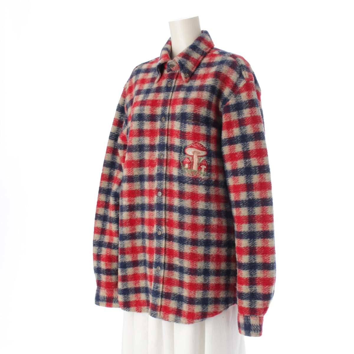GUCCI wool Mushroom Embroidery Check Pattern Long sleeve shirt tops Red blue 44