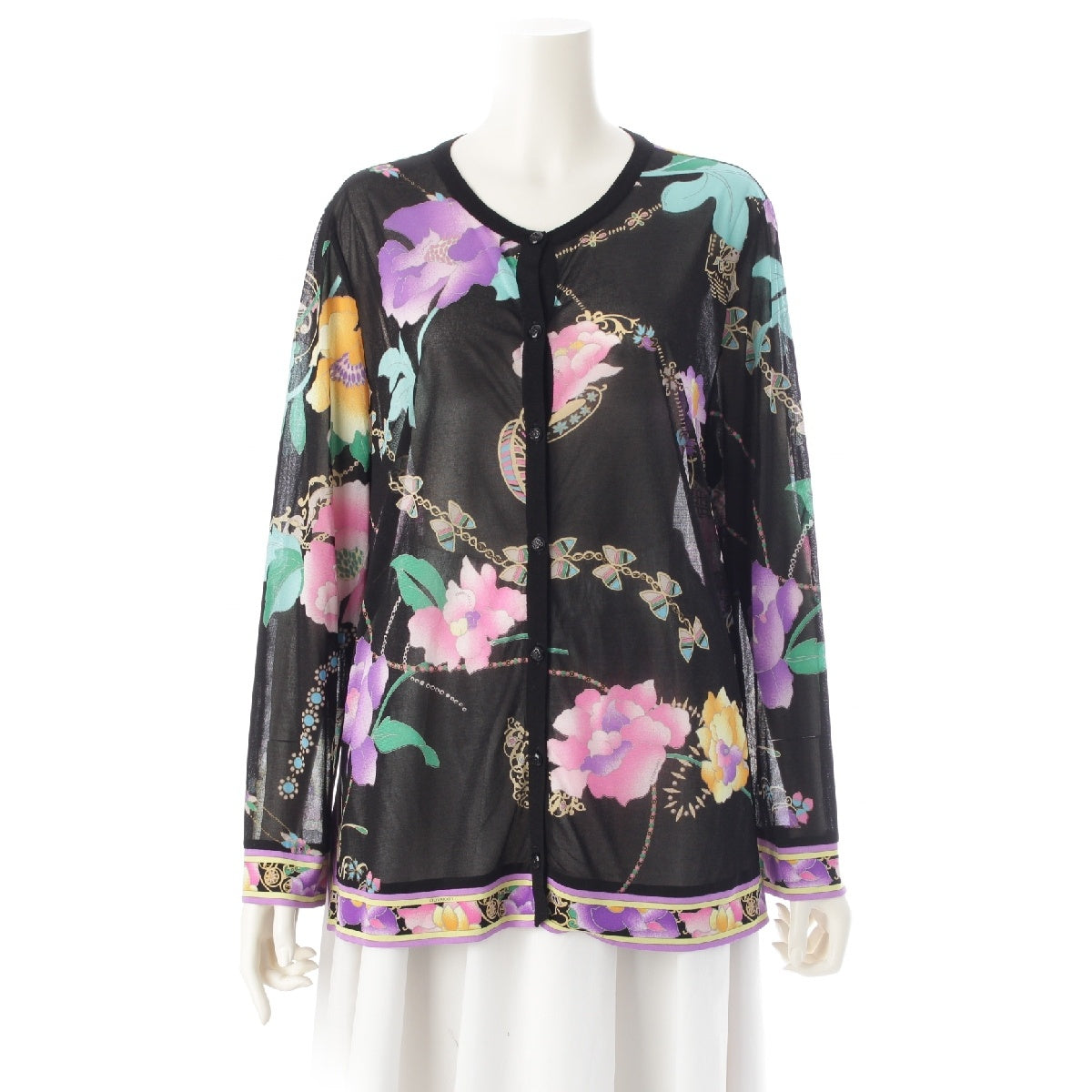 LEONARD Cancan material, see-through, floral pattern, flower cardigan tops 0127320 Black x purple 42