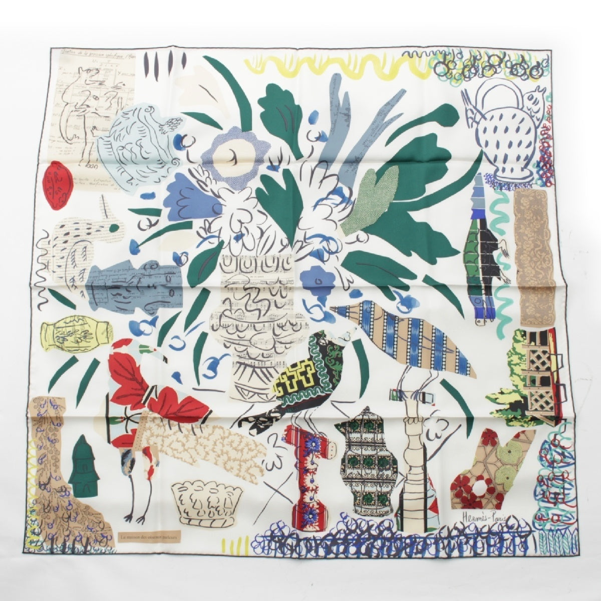 HERMES Calle 90 silk La Maison des Oiseaux Parleurs The house of talkative birds scarf white