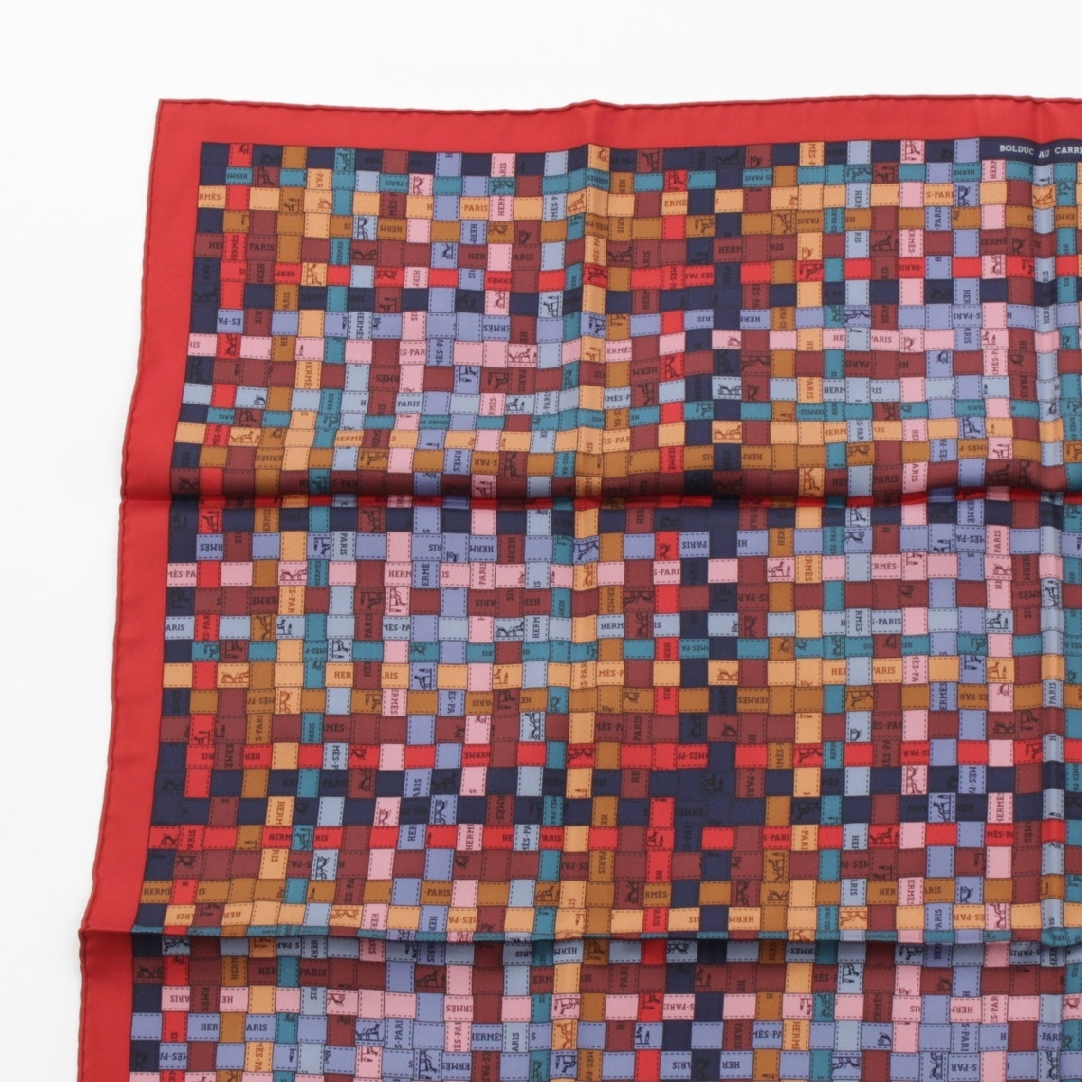HERMES Calle 90 silk BOLDUC AU CARRE Bolduc check scarf Red
