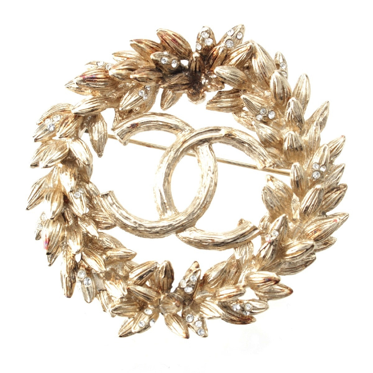 CHANEL COCO Mark Wreath Rhinestone Round Brooch Pin Accessories Champagne Gold