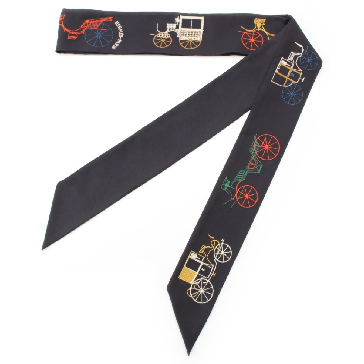 HERMES 25Stainless Steel Long Twilly silk A Toute Berline! scarf Stall black