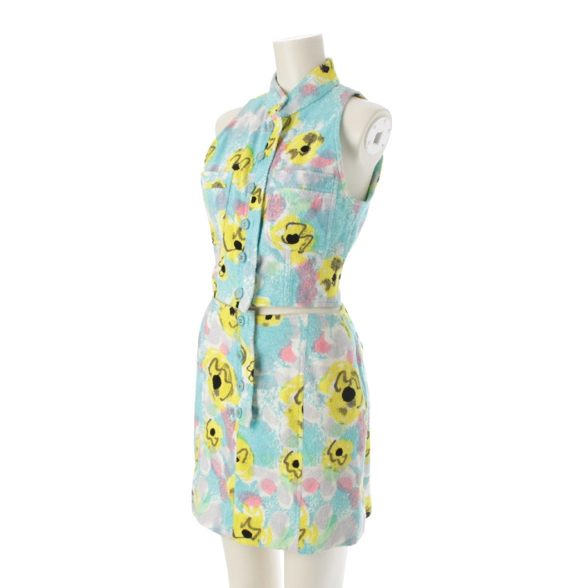 CHANEL Pile cropped floral COCO Button jacket Skirt setup No sleeve multicolor 38