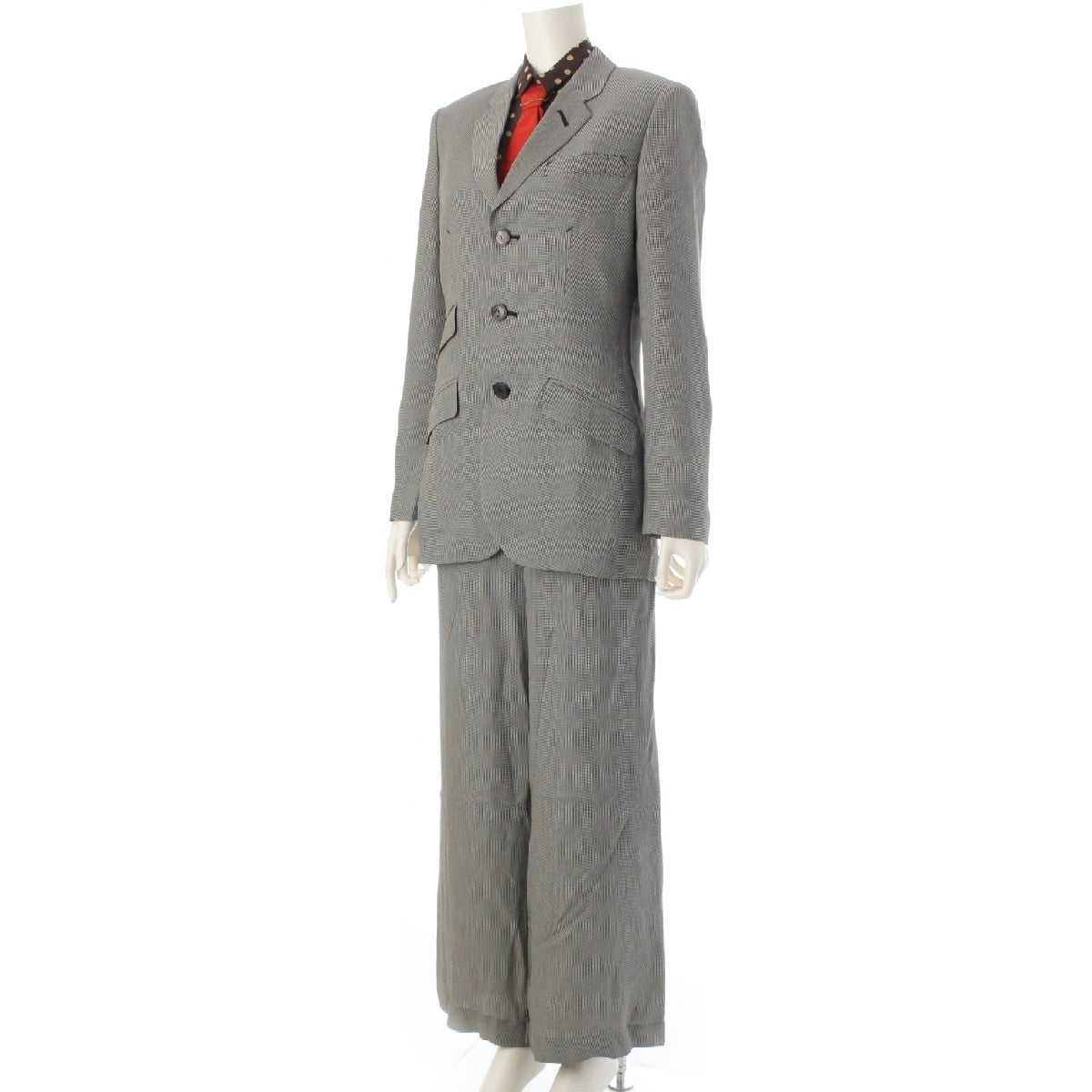 JEAN-PAUL GAULTIER Femme Houndstooth Jacket Dot Blouse Tie Docking All-in-one Pants setup White black 40