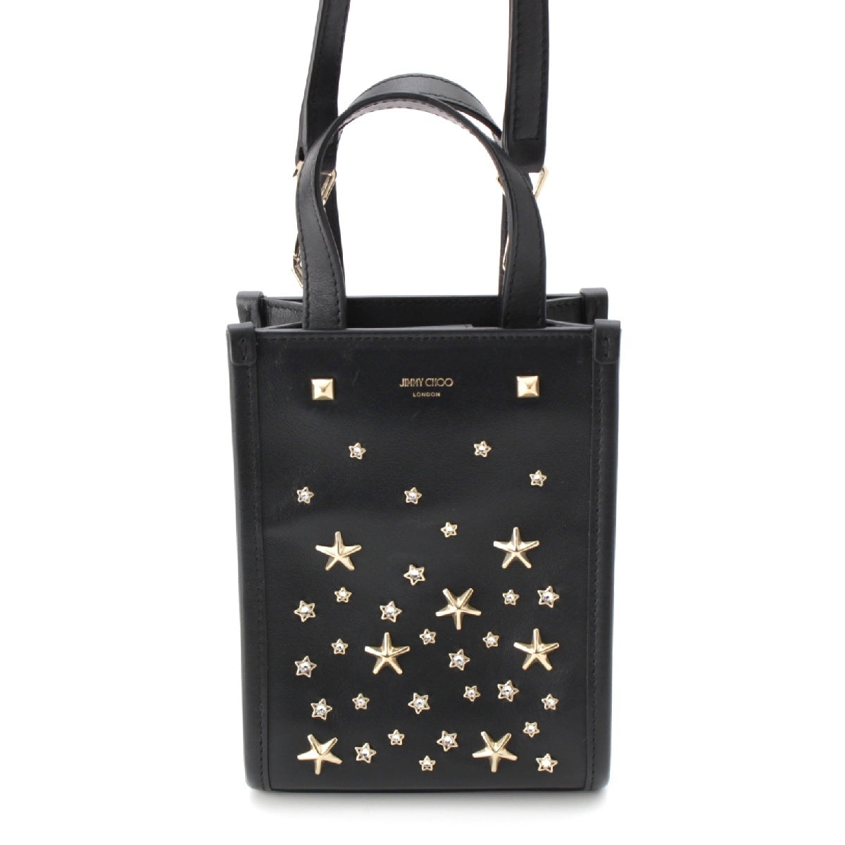 JIMMY CHOO MINI N/S TOTE leather Crystal Star Studs 2WAY Shoulder Tote Bag black