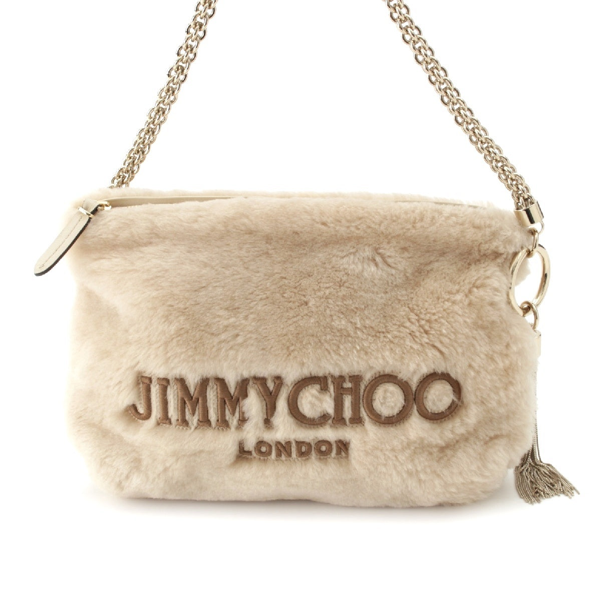 JIMMY CHOO Callie fur Logo Tassel Chain Shoulder Bag bag beige