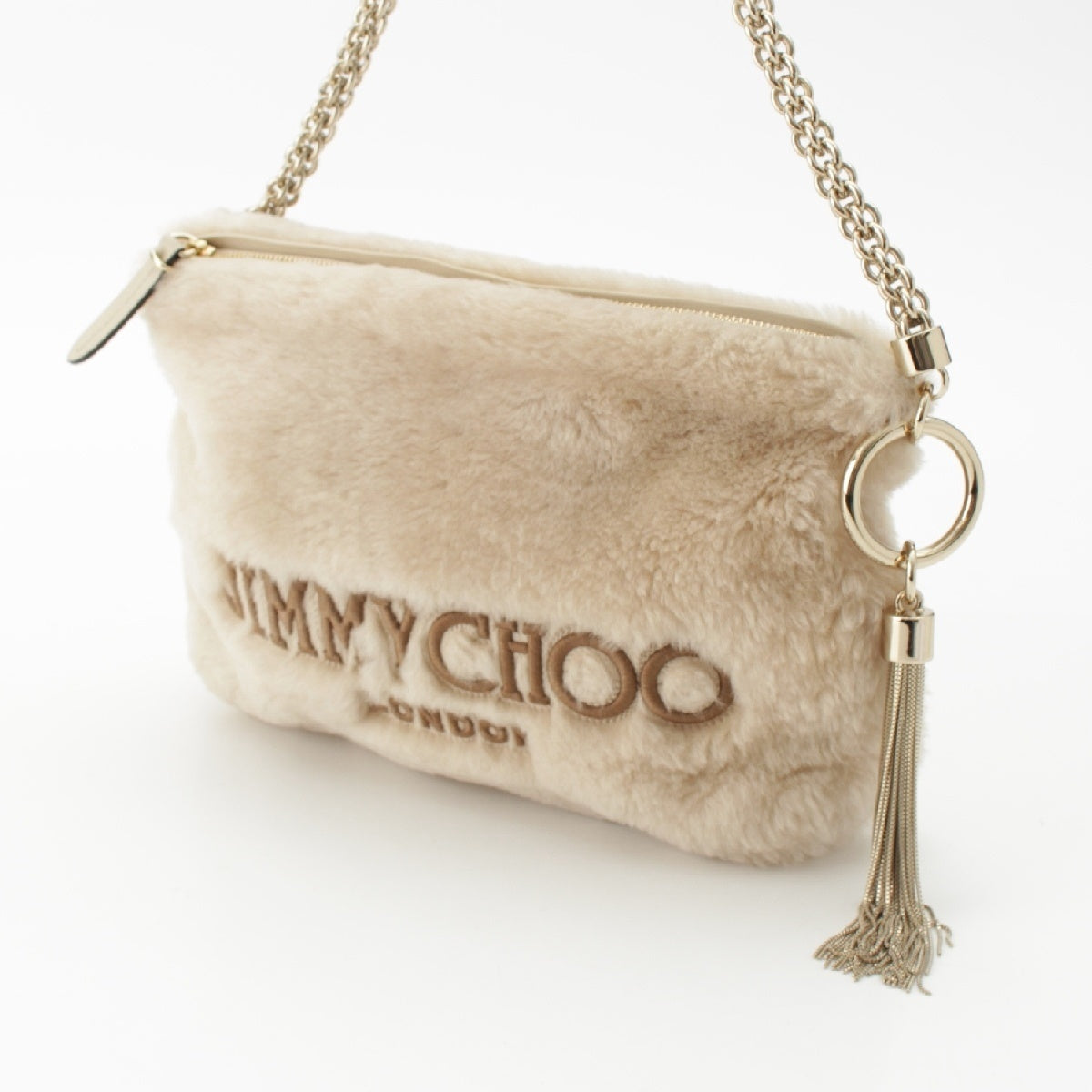 JIMMY CHOO Callie fur Logo Tassel Chain Shoulder Bag bag beige