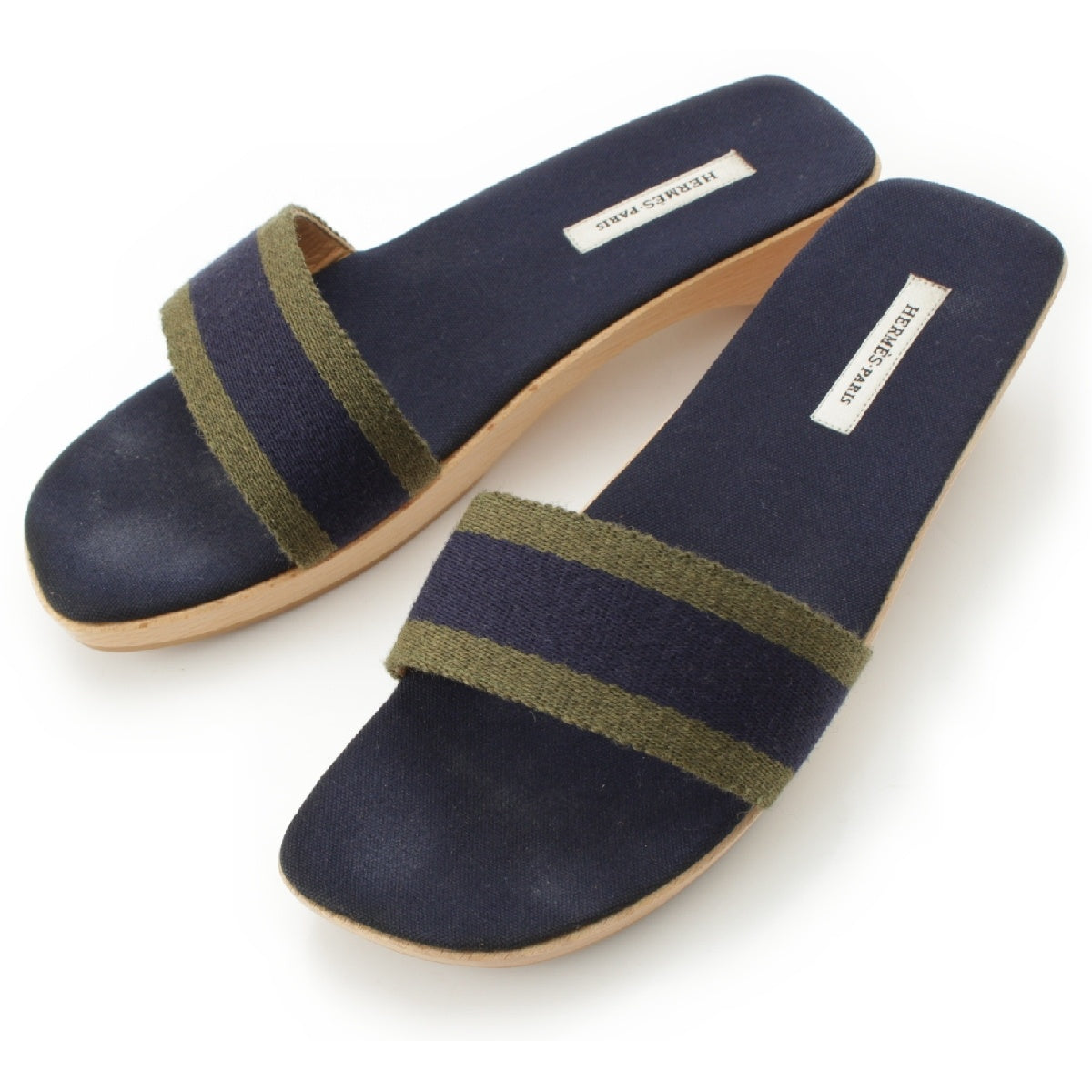 HERMES Margiela period Fool Toe Wood Sole Flats Sandals Mule Navy x khaki 37