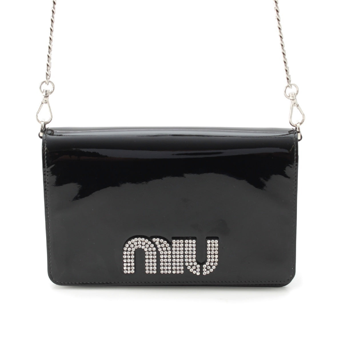 MIUMIU patent Rhinestone logo Chain Shoulder Bag Cross body 5BP004 black