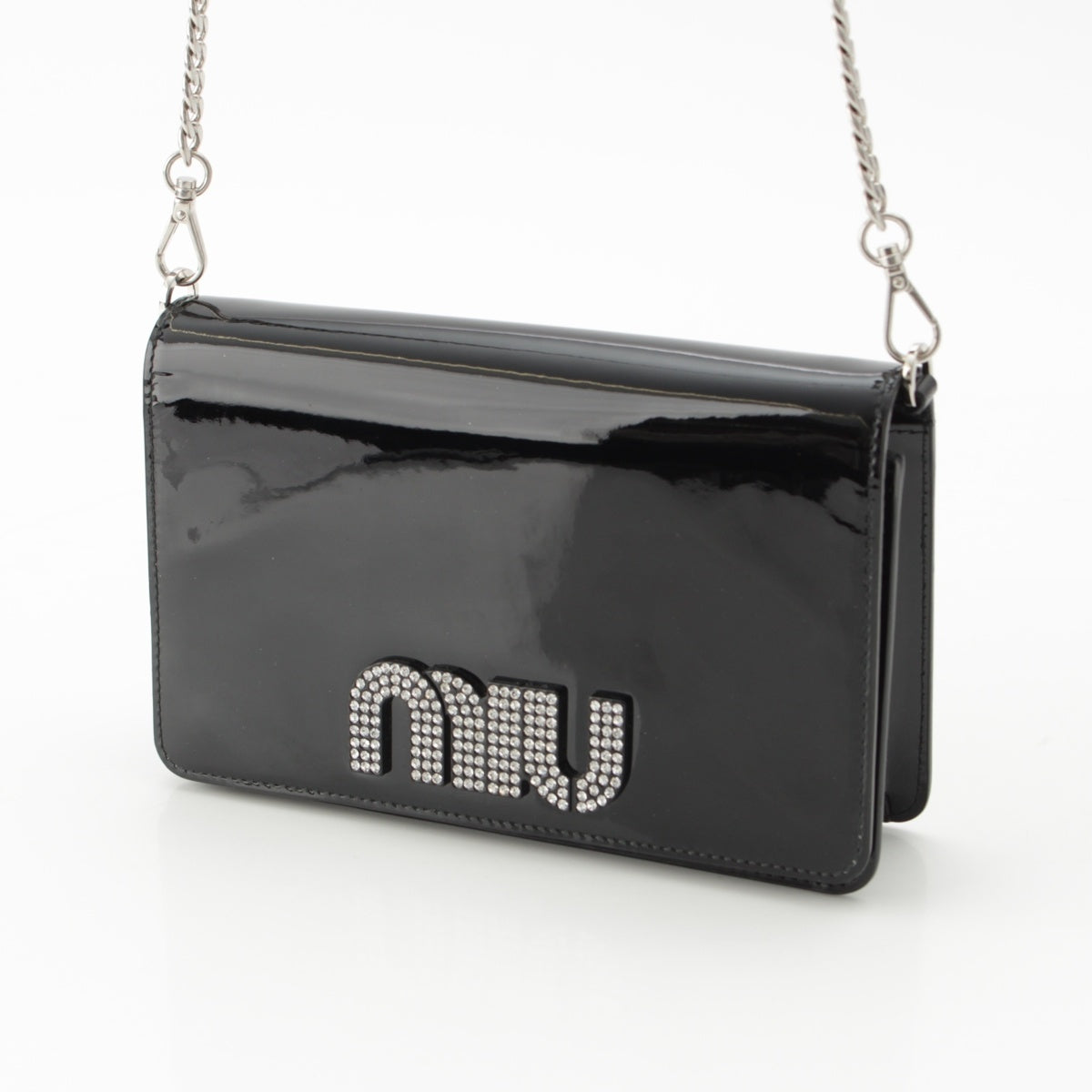 MIUMIU patent Rhinestone logo Chain Shoulder Bag Cross body 5BP004 black