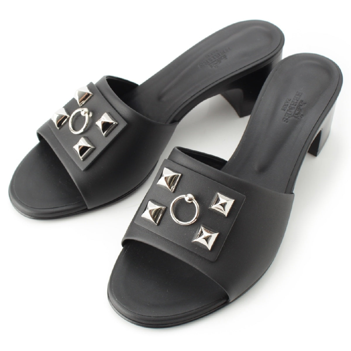 HERMES dreamy leather Collier de Chien studded heels Mule Sandals black 40