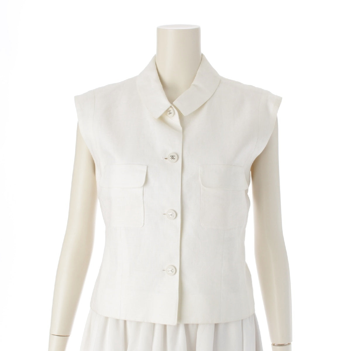 CHANEL 96P vintage linen COCO Button Gilet Best Sleeveless jacket with silk lining P06558 white 38