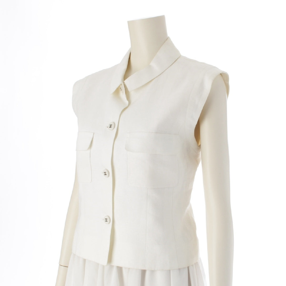 CHANEL 96P vintage linen COCO Button Gilet Best Sleeveless jacket with silk lining P06558 white 38