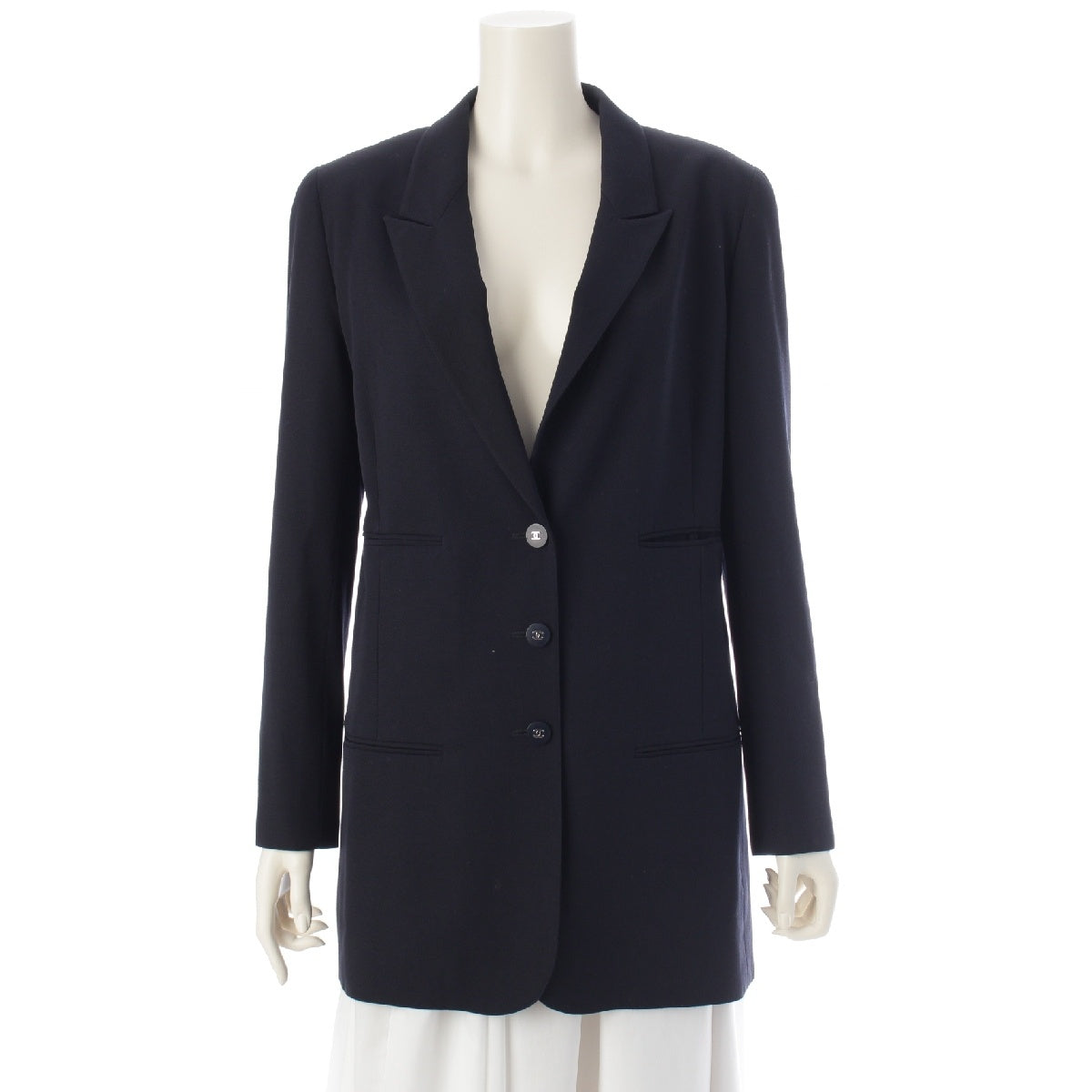 CHANEL 96P vintage wool Silver color COCO Button tailored jacket Shoulder Pads Outerwear P06494 Navy 38