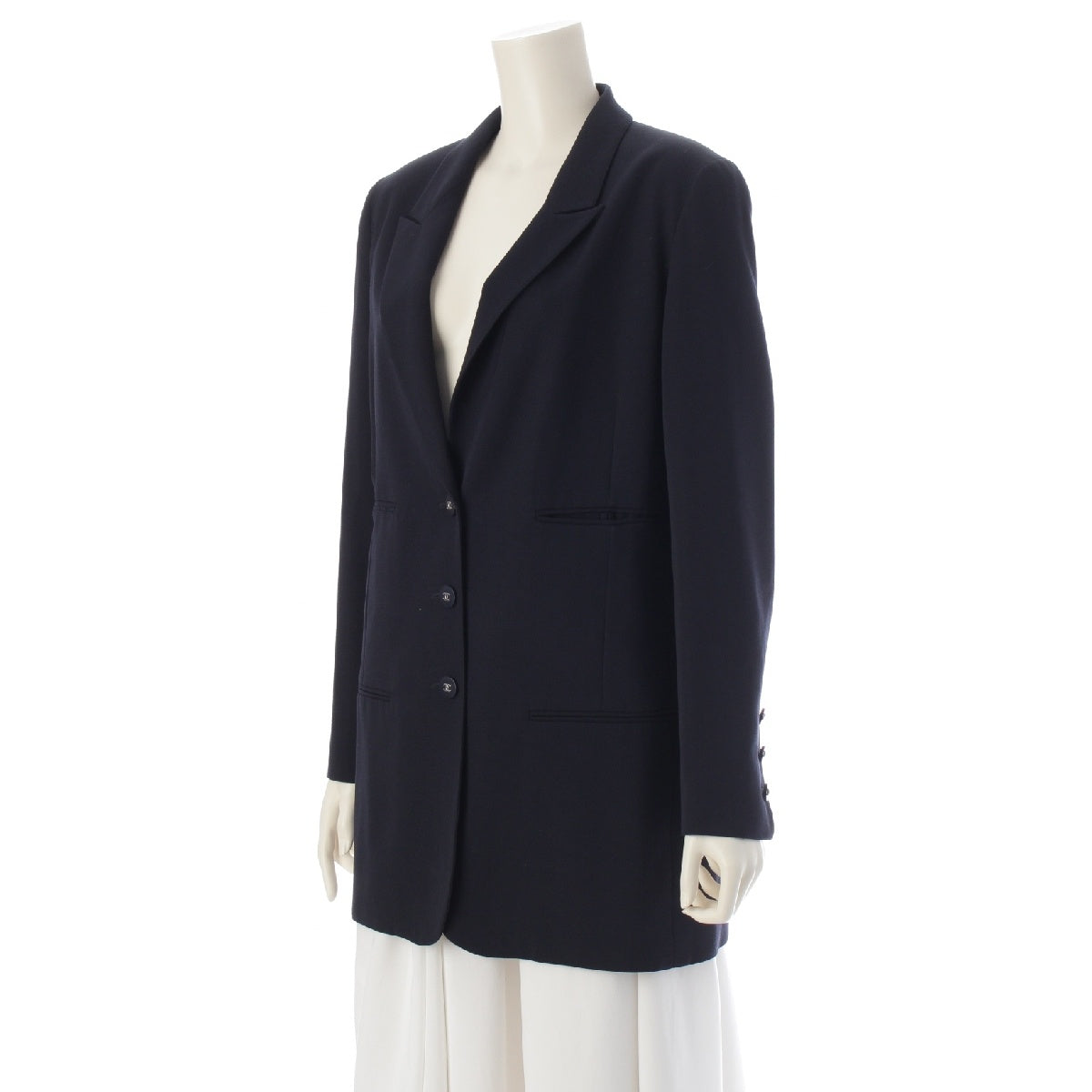 CHANEL 96P vintage wool Silver color COCO Button tailored jacket Shoulder Pads Outerwear P06494 Navy 38