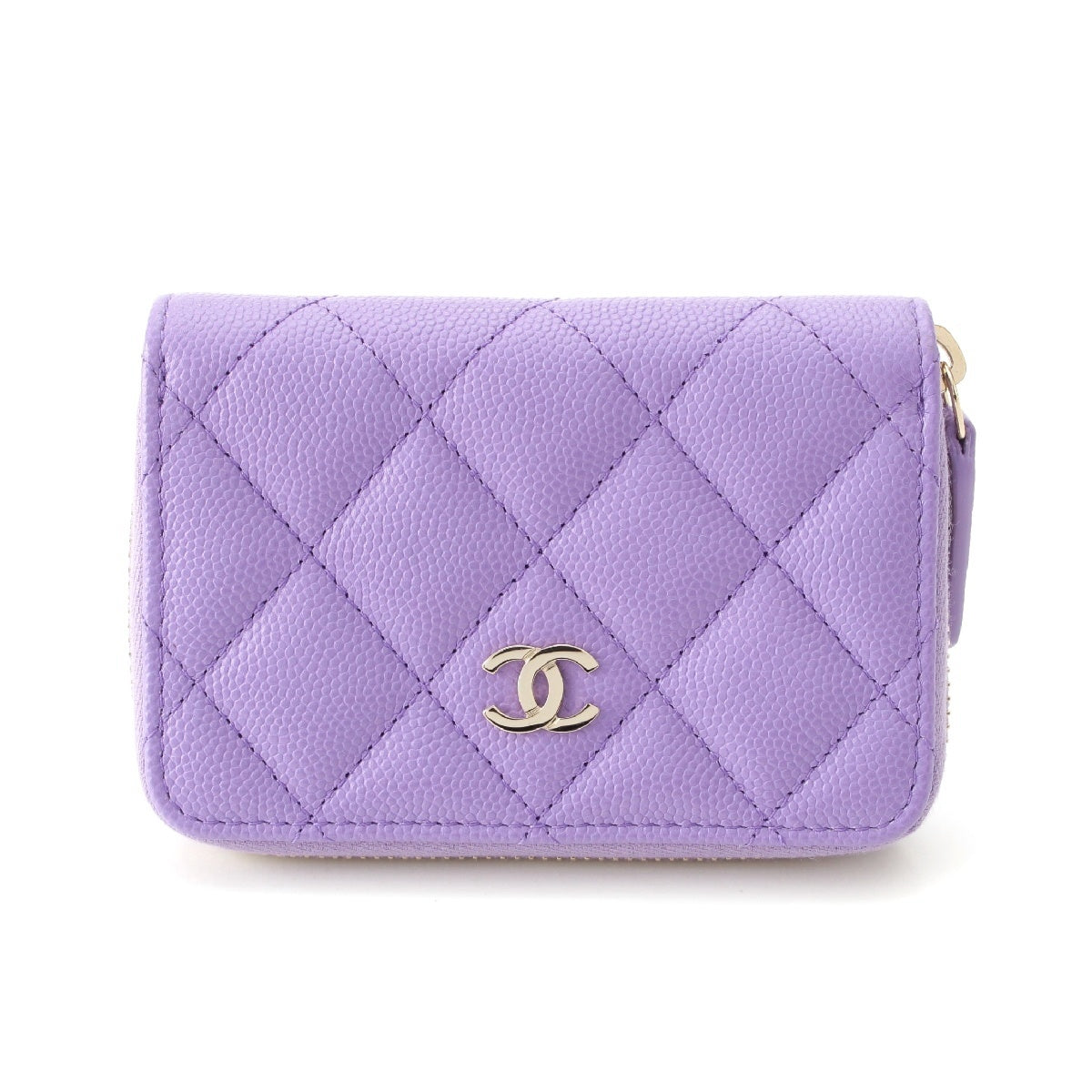 CHANEL Caviar skin Matelasse COCO Mark Zip Around Wallet Card Case purple