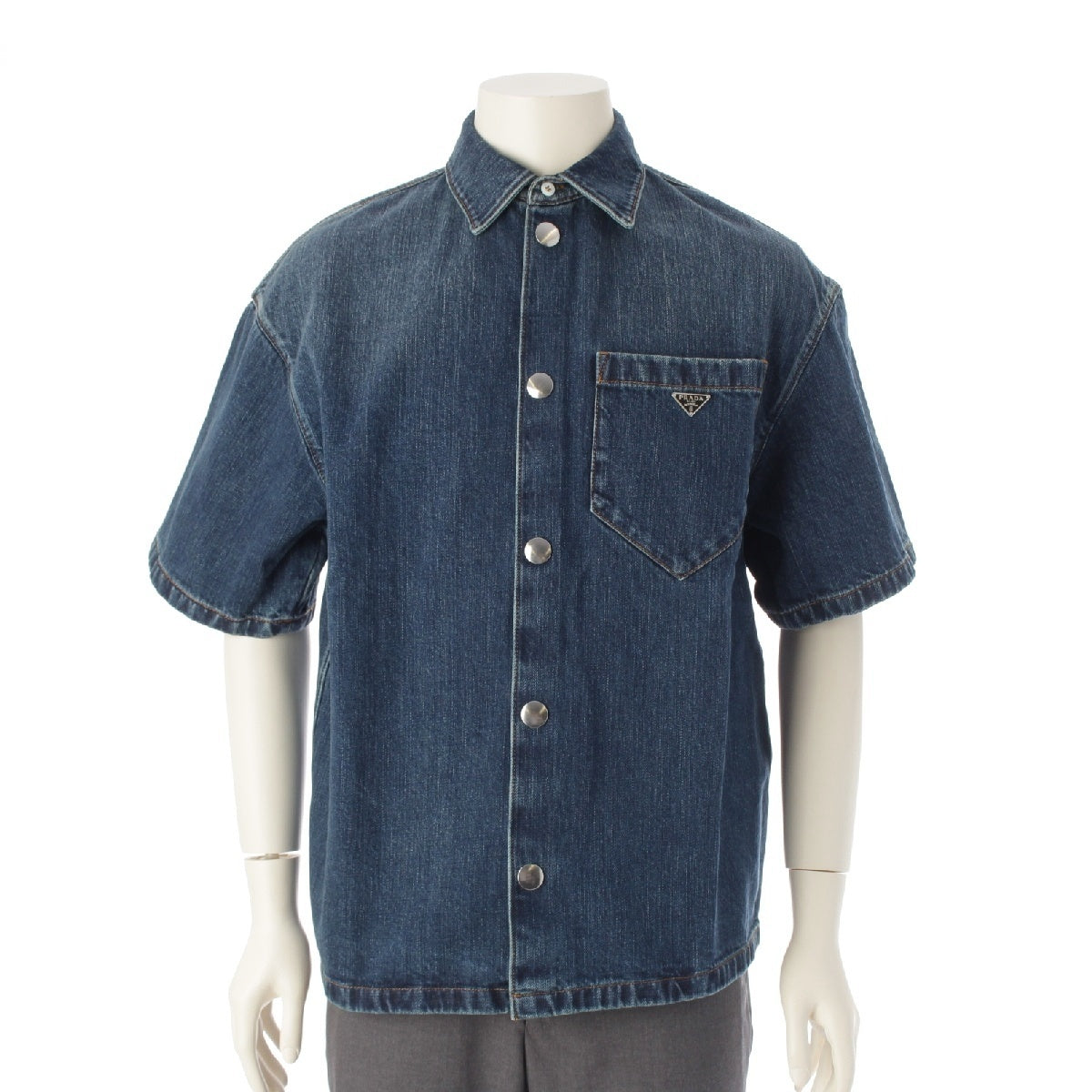 PRADA 23 years cotton Triangle Logo Short Sleeve Denim Jacket Shirt Washed GEC067 Indigo XS