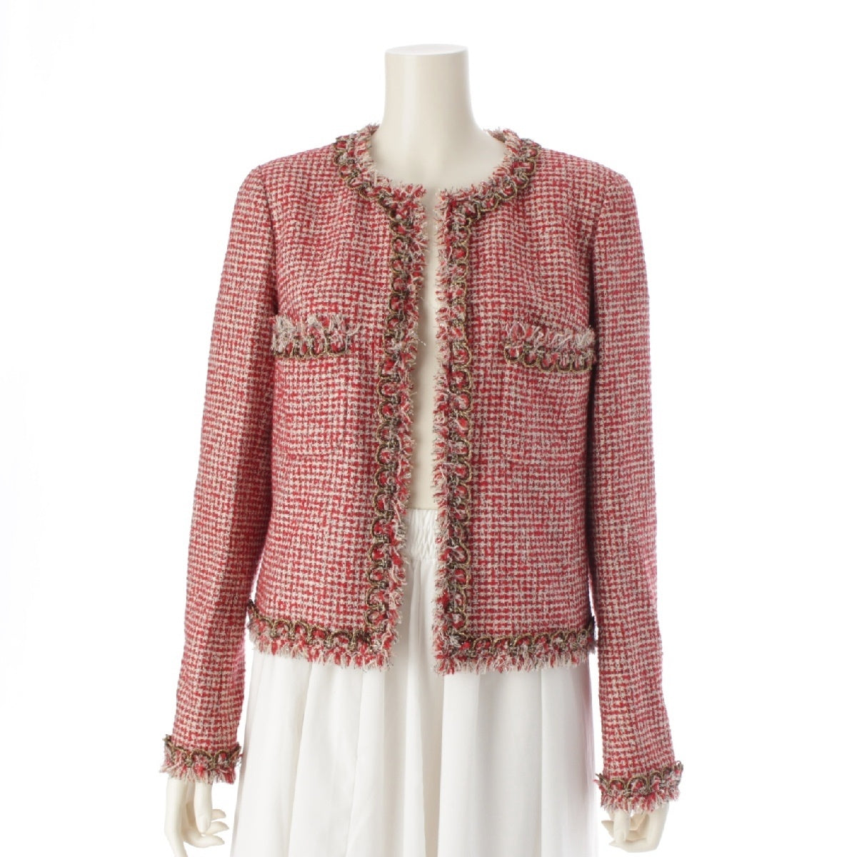 CHANEL 10C Collarless tweed Jacket P37210 Red 40