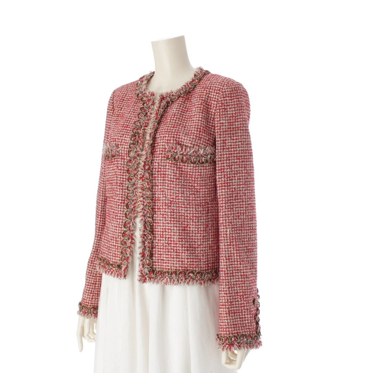 CHANEL 10C Collarless tweed Jacket P37210 Red 40