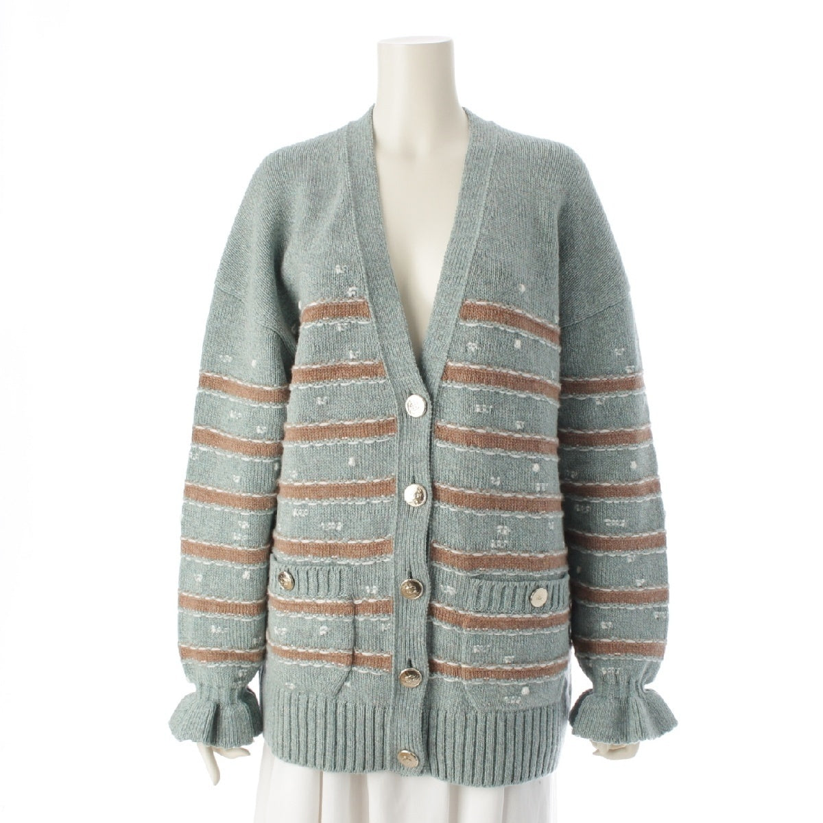 CHANEL 24AW cashmere blend Border knit cardigan COCO Mark Button Long Sleeve Top P78456  Light blue 38