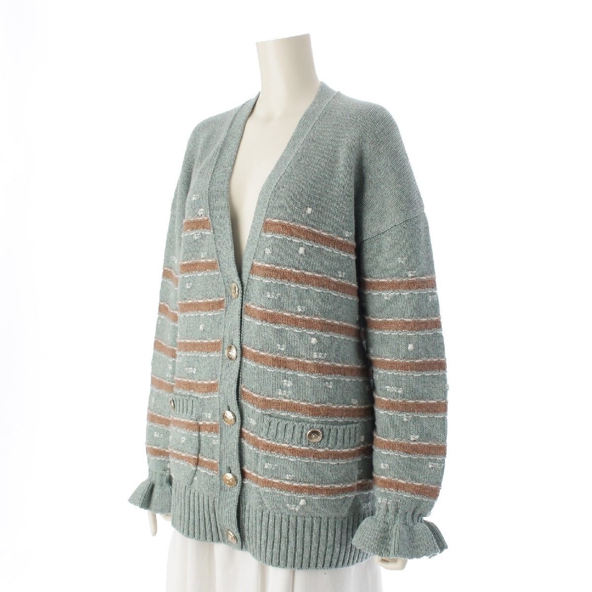 CHANEL 24AW cashmere blend Border knit cardigan COCO Mark Button Long Sleeve Top P78456  Light blue 38