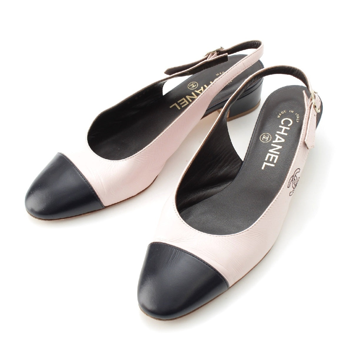 CHANEL Calfskin COCO Mark Stitch Slingback pumps Sandals shoes G45566 Bicolor Pink Dark Navy 38
