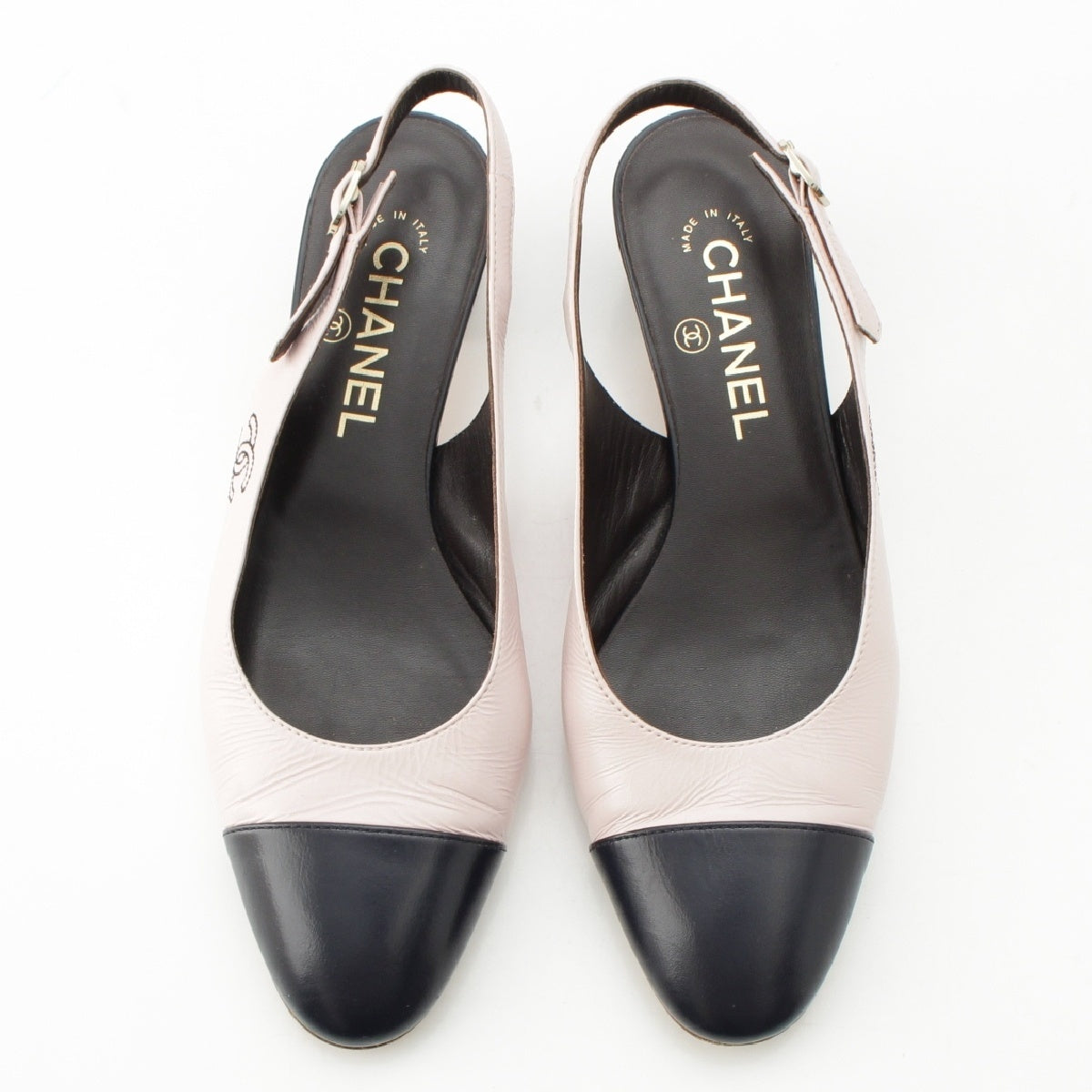 CHANEL Calfskin COCO Mark Stitch Slingback pumps Sandals shoes G45566 Bicolor Pink Dark Navy 38