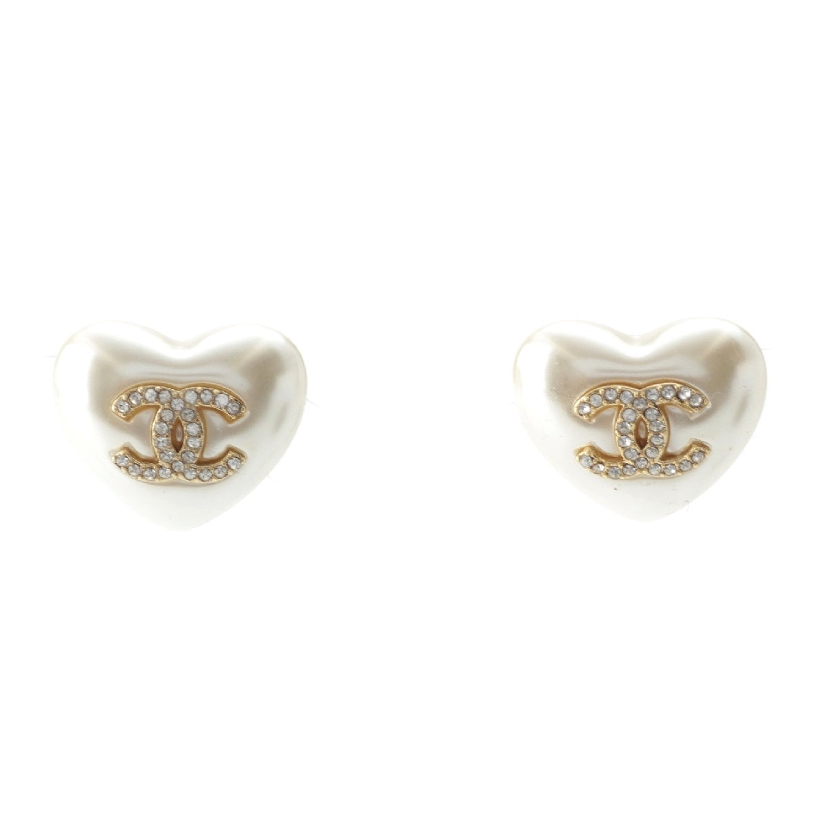 CHANEL COCO Mark Heart F Pearl Rhinestone Pierce Earring accessories white