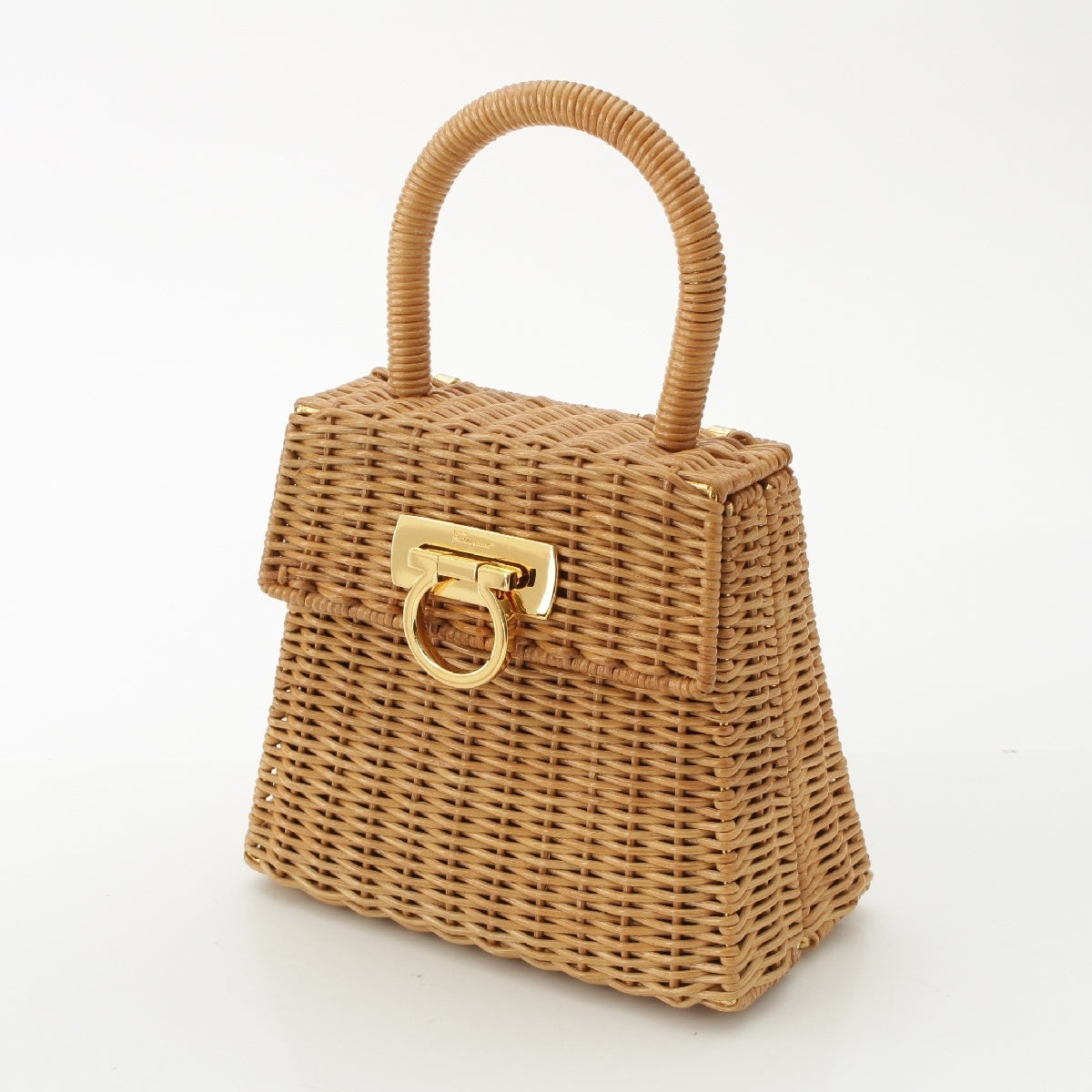 Salvatore Ferragamo Raffia Gancini straw top handle basket bag beige