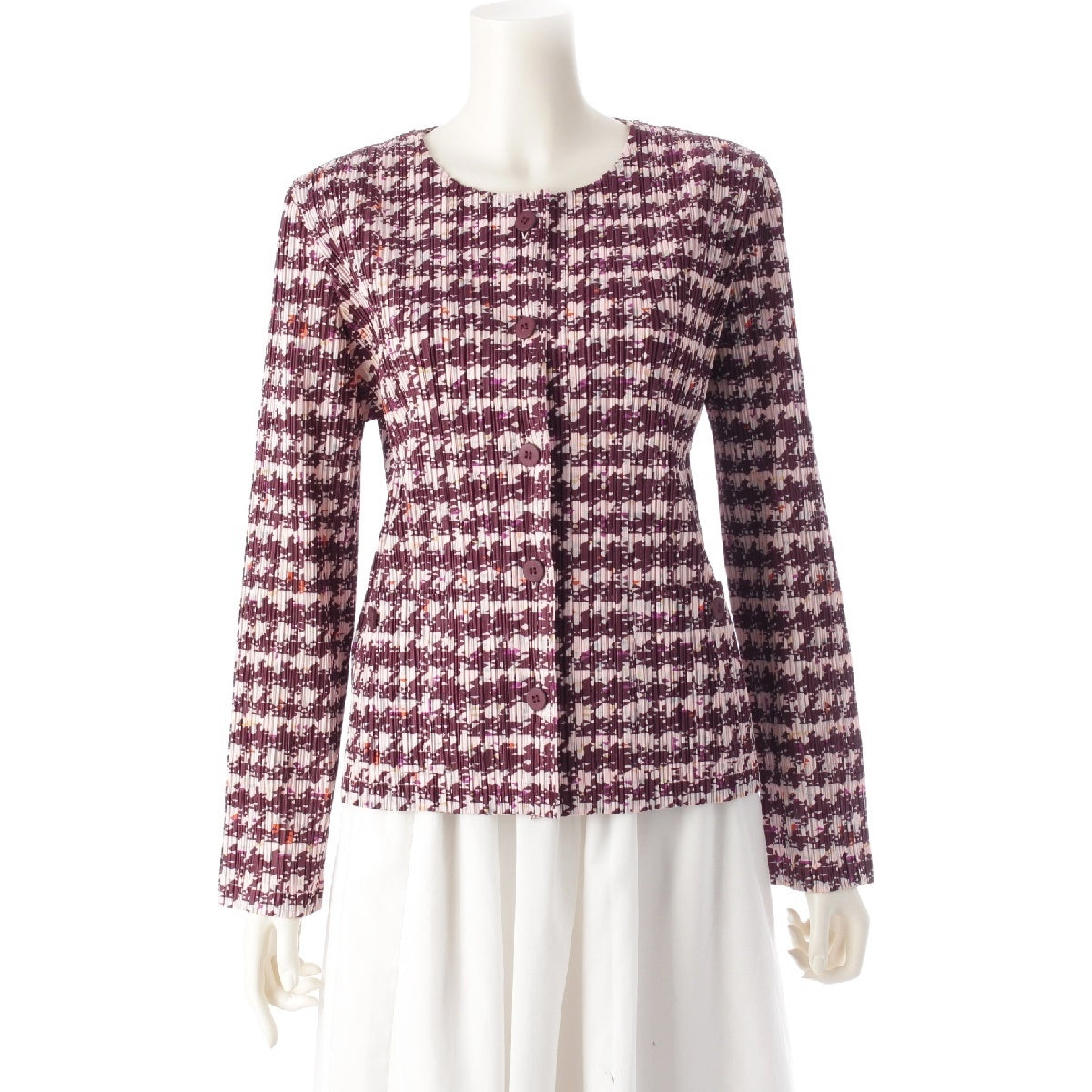 PLEATS PLEASE ISSEY  Houndstooth shoulder pads cardigan PP03-JD872 pink 4
