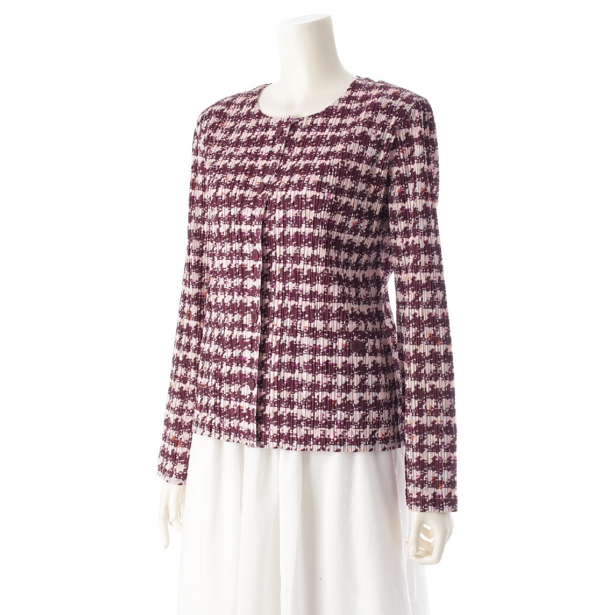 PLEATS PLEASE ISSEY  Houndstooth shoulder pads cardigan PP03-JD872 pink 4