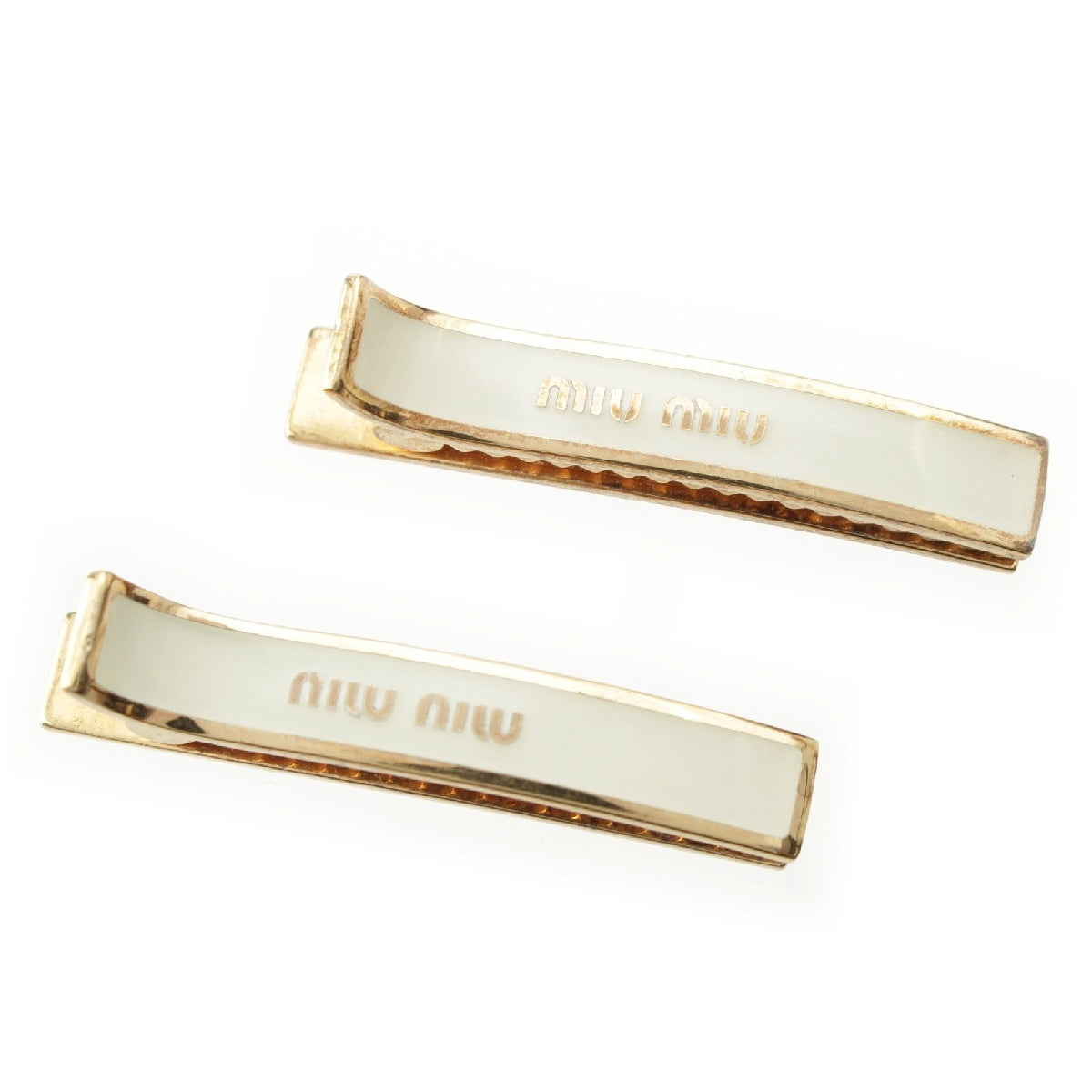 MIUMIU logo metal hair accessory Clips Barrettes Pins 5JF136 Gold x white